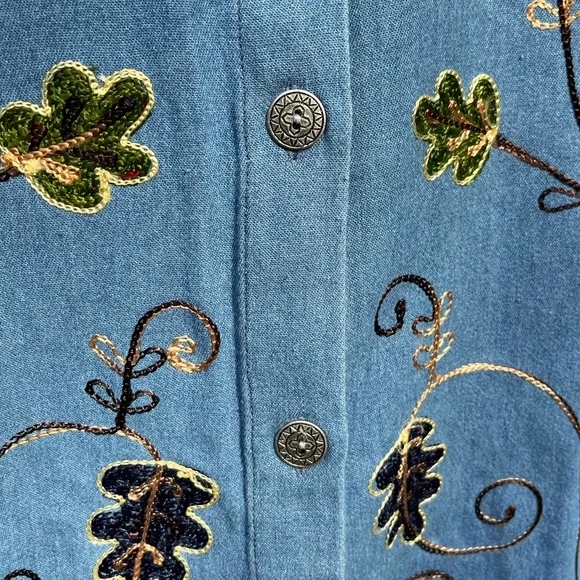 90s Adrian Delafield Embroidered Denim Button-Up Shirt Blouse Leaves Fall Fairy - Picture 10 of 14